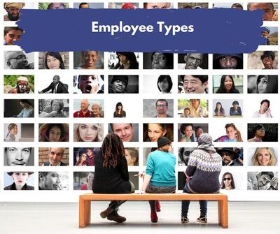 Employee Types (sitting on a bench in front of photos)