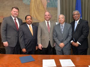 (left to right) Dr. Monty Sullivan, President, LCTCS, Timothy W. Hardy, Board Chair, LCTCS, John Bel Edwards, Governor of Louisiana, Dr. Leon R. Tarver, Chairman, SUS, Dr. Ray L. Belton, President-Chancellor, SUS